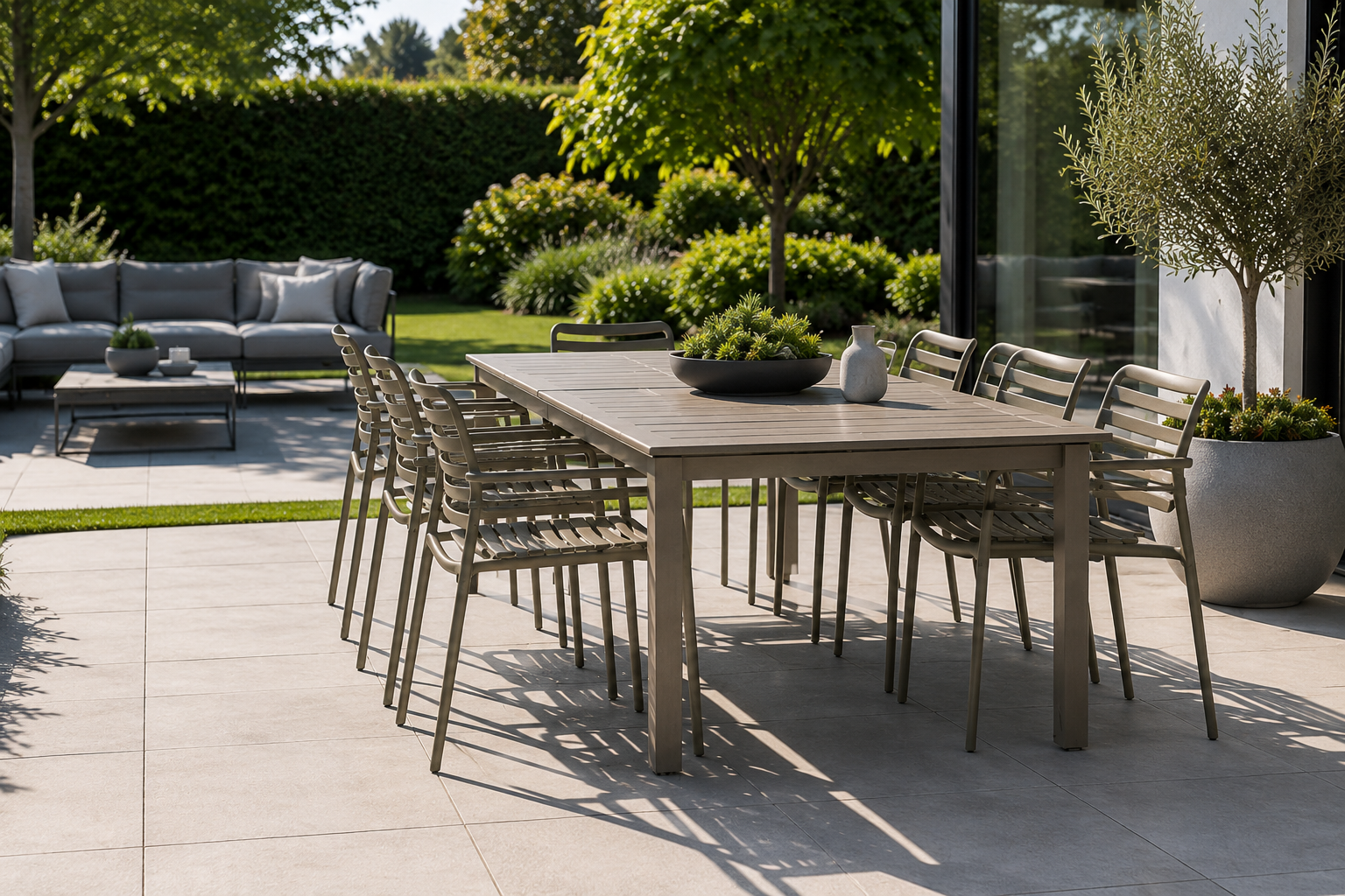 Moderner Gartentisch mit mehreren Stühlen auf einer sonnigen Terrasse im Grünen – Gartenmöbel bei billi & friends in Mülheim-Kärlich.