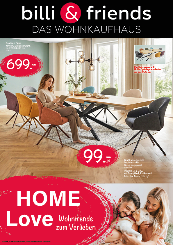 Cover des billi & friends Home-Love-Prospekts mit Wohnmöbeln und Aktionspreisen.